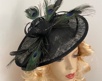 Fascinator Hat Black and Dark green peacock feathers Saucer Disc headpiece on hairband, perfect for the races or a wedding