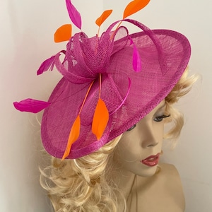 Fascinator Hat Fuchsia pink Orange Saucer headpiece on hairband for the races or wedding guest