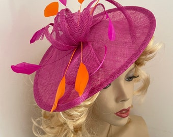 Fascinator Hat Fuchsia pink Orange Saucer headpiece on hairband for the races or wedding guest
