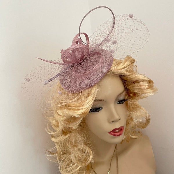 Fascinator Hatinator lilac pink Pillbox headpiece Button Disc on hairband with Veil, perfect for the races or a wedding