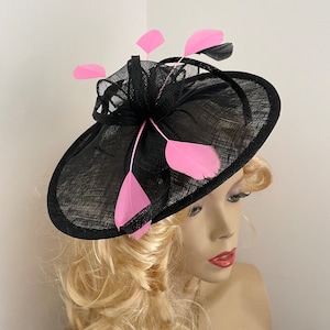 Fascinator Hat Black and Pink Saucer Disc headpiece with Feathers on hairband, perfect for the races or a wedding