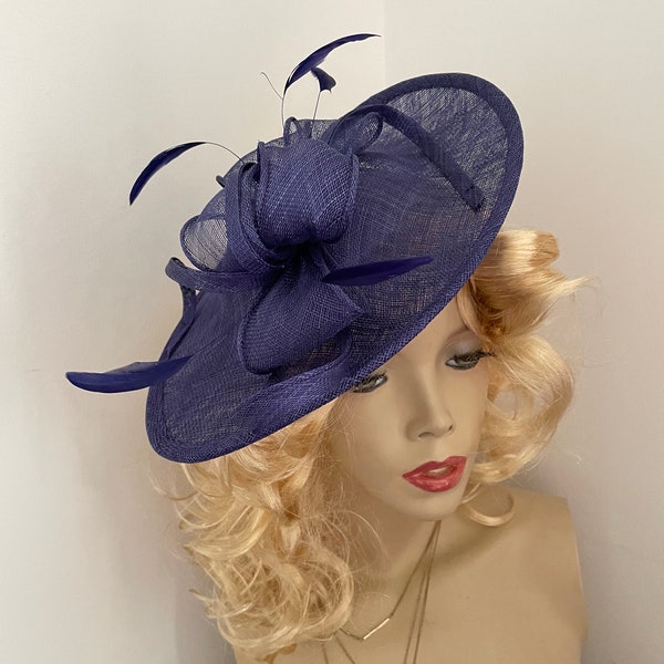Dark Blue/Navy Fascinator Hat saucer hatinator, perfect hat for a wedding, affordable fascinator, feathers
