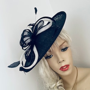 Fascinator Hat Navy and White Saucer Disc headpiece with Feathers on hairband, perfect for the races or a wedding