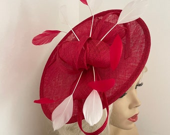 Fascinator Hat Red Rouge White Saucer headpiece with Feathers on hairband, perfect for the Ascot races or a wedding