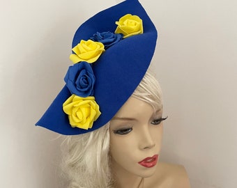 Cobalt Blue Yellow Fascinator Hat hatinator, perfect hat for a wedding or the races