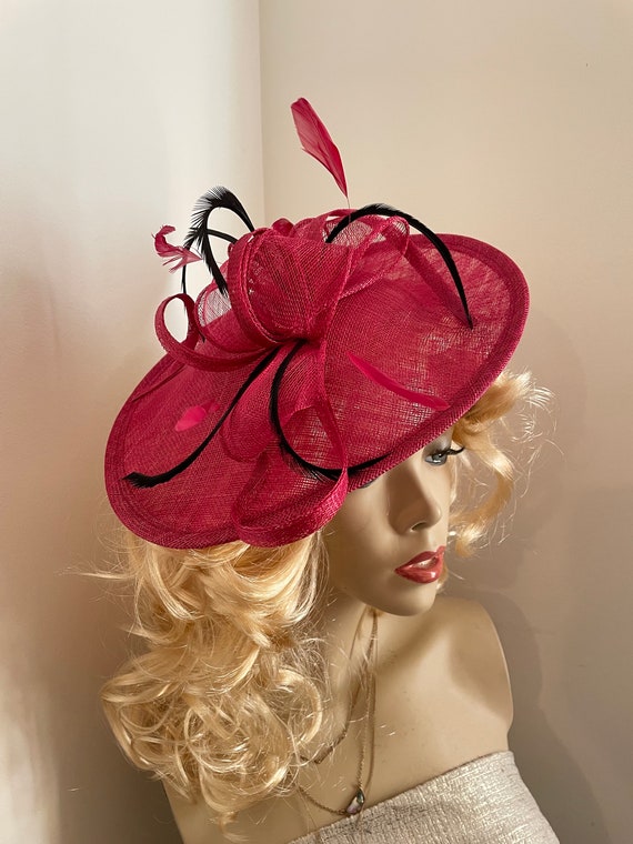 Fascinator Hat Burgundy Red BLACK Saucer Headpiece With Feathers on Hairband Perfect for the Ascot Races or a Wedding Etsy