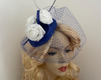 Fascinator Hatinator cobalt blue white Pillbox headpiece Button Disc on hairband with Veil, perfect for the races or a wedding