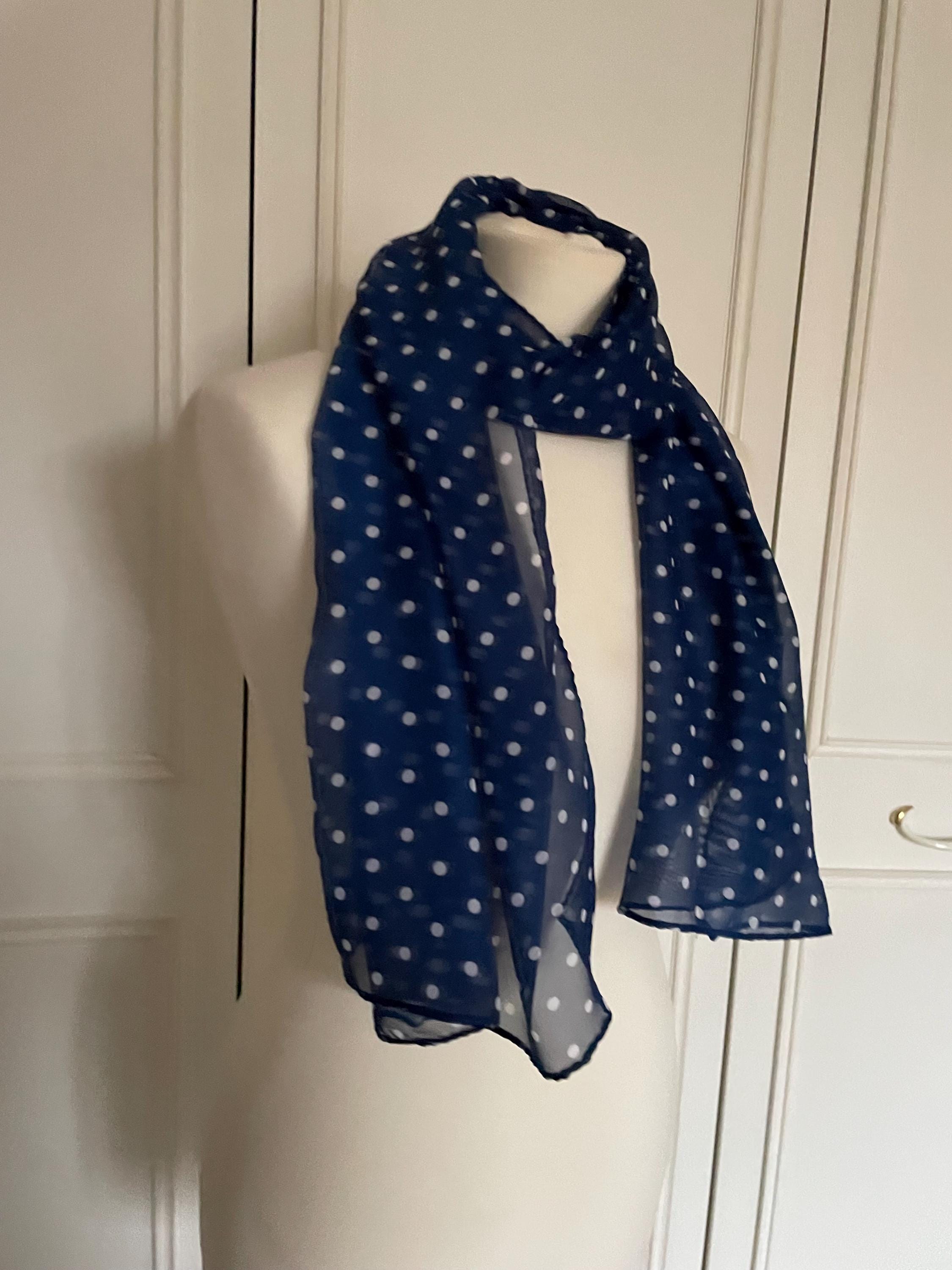 Navy Blue White Polka Dot Print Scarf - Chiffon Shawl, Head Wrap