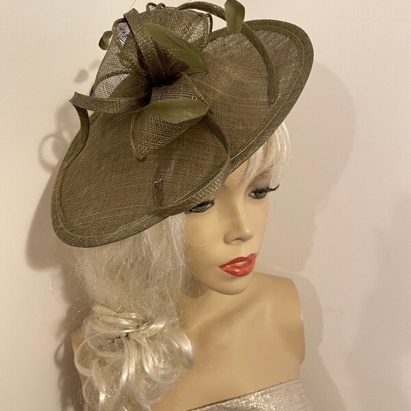 Fascinator Hat Olive Green Saucer headpiece with Feathers on hairband, perfect for the Ascot races or a wedding