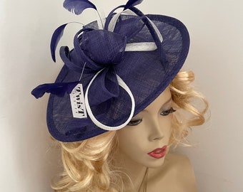 Fascinator Hat Dark blue Navy and White Saucer Disc headpiece with Feathers on hairband, perfect for the races or a wedding