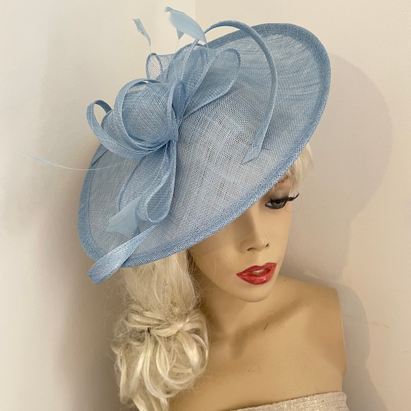 Pale light Blue Fascinator Hat saucer hatinator, perfect hat for a wedding, affordable fascinator with feathers
