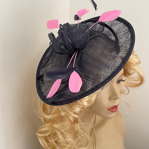 Fascinator Hat Navy Pink hatinator on hairband, perfect for the races or a wedding