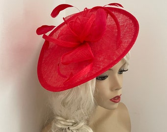 Fascinator Hat Red Saucer headpiece with Feathers on hairband, perfect for the Ascot races or a wedding