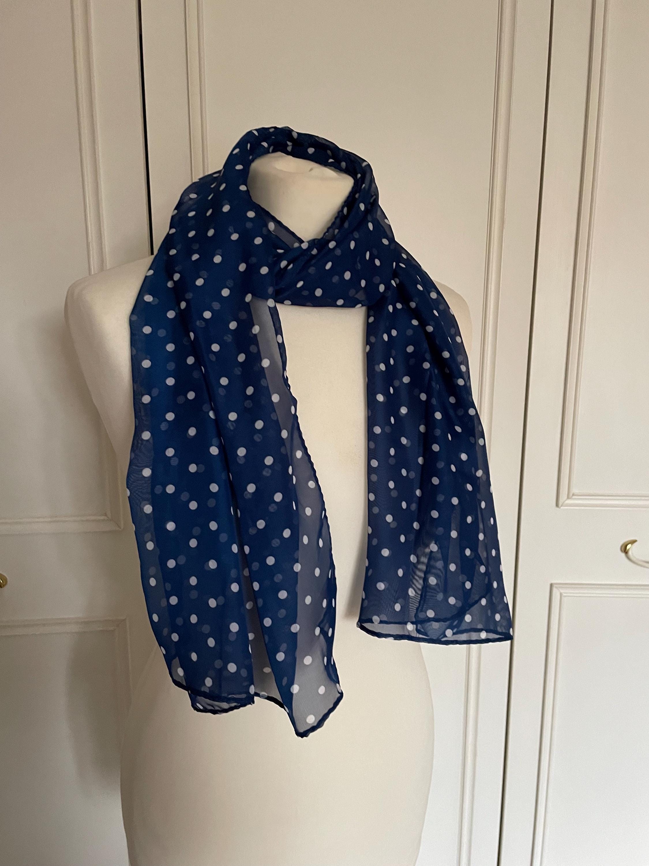 Navy Blue White Polka Dot Print Scarf - Chiffon Shawl, Head Wrap