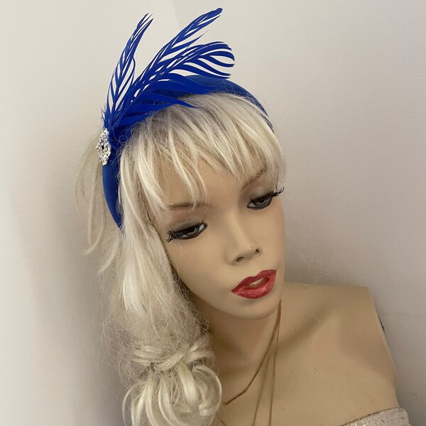 Cobalt/Royal blue feather flower fascinator padded halo headband headpiece hairband