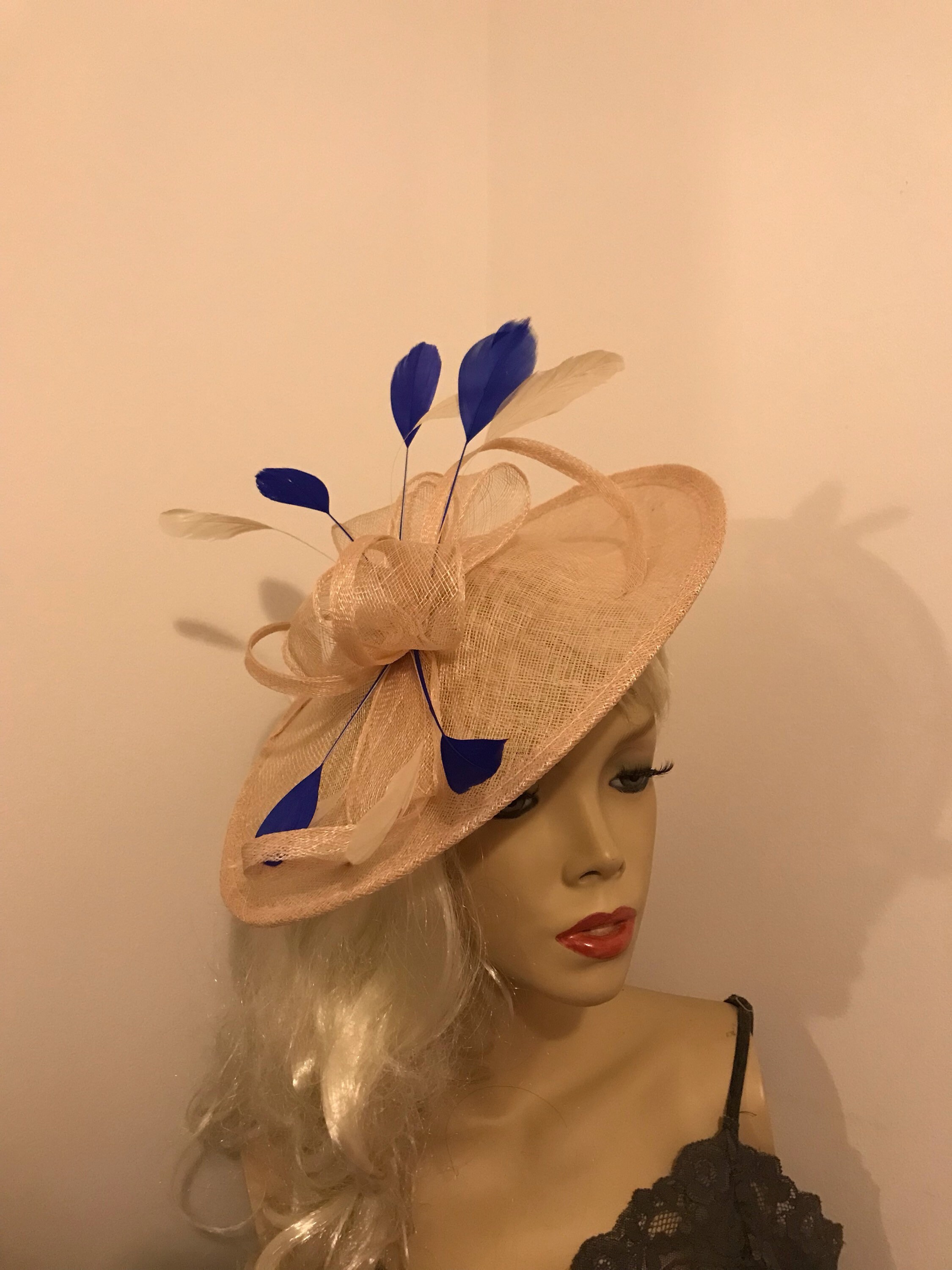 Fascinator Hat Nude Blush Beige & Blue Saucer Disc headpiece Etsy