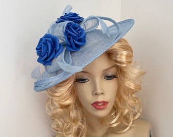 Pale light Blue Fascinator Hat saucer hatinator, perfect hat for a wedding, affordable disc with cobalt flowers