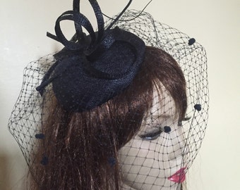 Christina Blue Veiled Saucer Fascinator Hat Navy Blue Saucer Hat / Fascinator Adorned With a Crin Wave  main image 4
