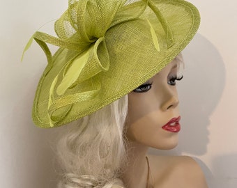 Fascinator Hat Lime Green Saucer headpiece with Feathers on hairband, for the Ascot races or a wedding