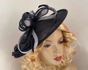 Fascinator Hat Navy and Silver Saucer Disc headpiece with Feathers on hairband, perfect for the races or a wedding