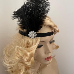 Black feather headband silver diamante detail vintage 1920s 30s Gatsby Charlston Flapper headpiece