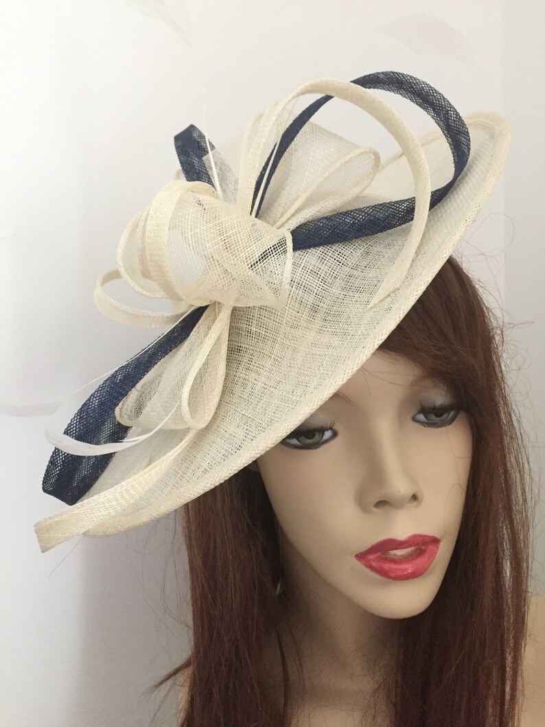Fascinator Hat Ivory Cream Navy Saucer Headpiece With Feathers Etsy UK