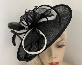 Fascinator Hat Black and Ivory Saucer Disc headpiece with Feathers on hairband, perfect for the races or a wedding, Kentucky Derby, ascot