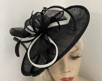 Fascinator Hat Black and Ivory Saucer Disc headpiece with Feathers on hairband, perfect for the races or a wedding, Kentucky Derby, ascot