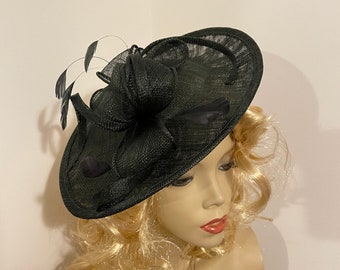 Fascinator Hat very Dark Green Hatinator headpiece with Feathers on hairband, Saucer for the races or wedding guest