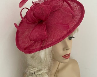 Fascinator Hat burgundy red Saucer headpiece with Feathers on hairband, perfect for the Ascot races or a wedding
