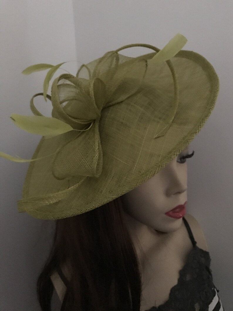 Fascinator Hat Lime Olive Green Saucer Headpiece With Feathers Etsy