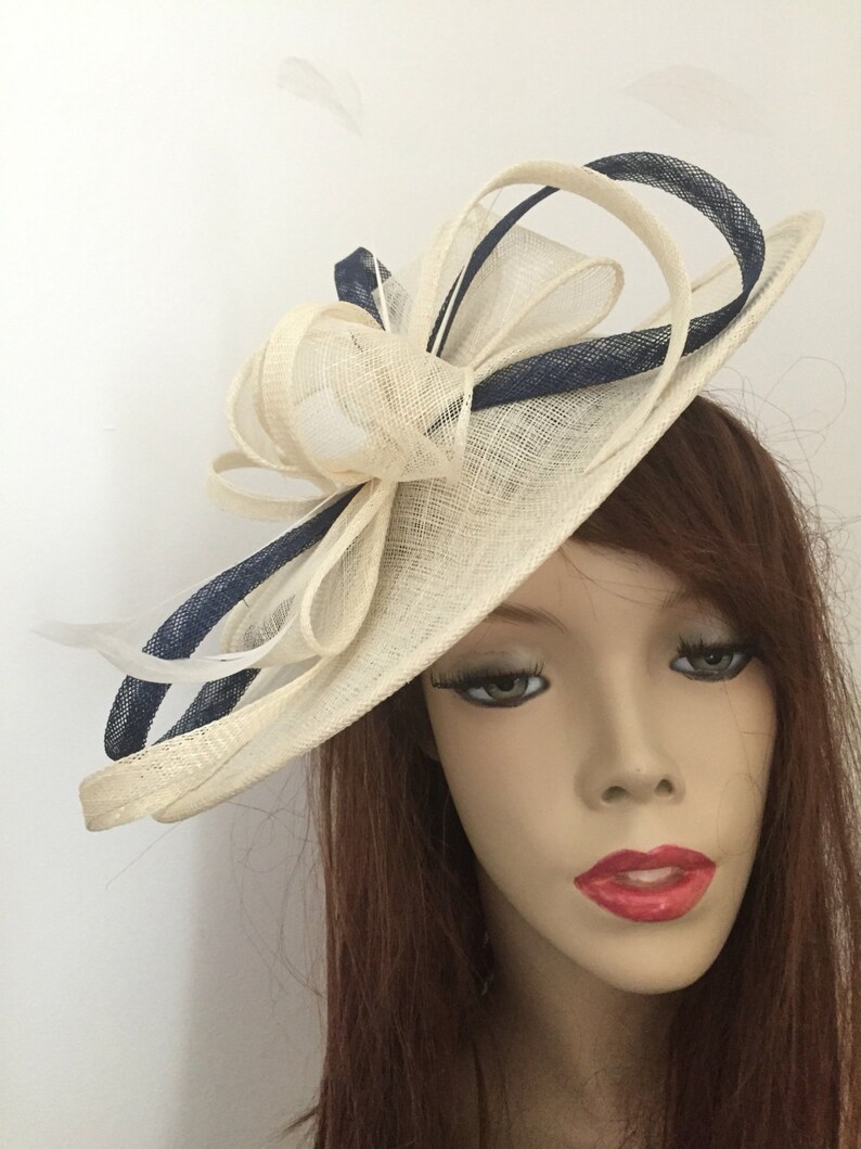 Fascinator Hat Ivory Cream Navy Saucer Headpiece With Feathers Etsy UK