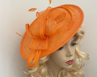 Fascinator Hat Bright Orange Saucer Disc headpiece with Feathers on hairband, perfect for the races or a wedding