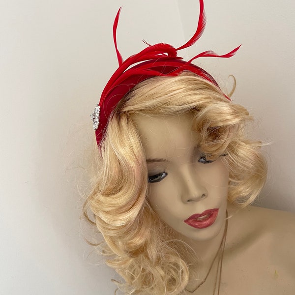 Red feather fascinator padded halo headband headpiece hairband for Wedding Guest / Cheltenham races