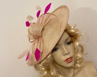 Fascinator Hat Nude/Beige Fuchsia Pink Saucer Disc headpiece with Feathers on hairband, perfect for the races or a wedding