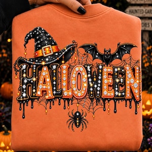 Halloween Rhinestone Shirt Png,Gothic Glam Halloween Png, Sparkle Boo Shirt Design, Witch Hat Pumpkin Png, Bat Spider Web Clipart,spooky bat
