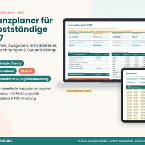 Könnte beinhalten: Ein digitaler Finanzplaner für 2027, dargestellt auf einem Laptop- und Tablet-Bildschirm. Die Benutzeroberfläche zeigt Tabellen für Jahresübersichten, Monatsübersichten und Einnahmenverfolgung mit Spalten für Daten und Beträge.