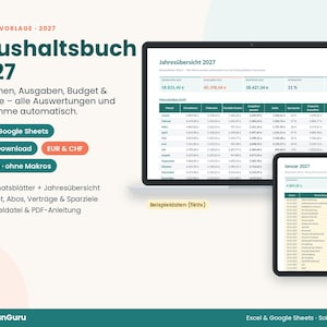 Puede incluir: Una plantilla digital de presupuesto doméstico para 2027 para Excel y Google Sheets. La pantalla muestra un resumen anual y un desglose mensual con columnas para ingresos, gastos, presupuesto y objetivos de ahorro con etiquetas en alemán.