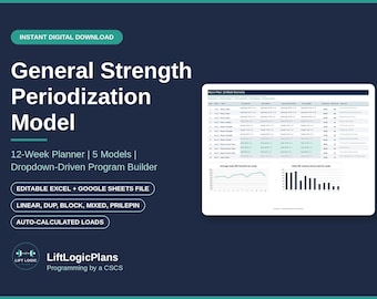 Può includere: Un pianificatore digitale di 12 settimane per un modello di periodizzazione della forza generale con un generatore di programmi a menu a tendina. File compatibile con Excel e Google Sheets, con carichi auto-calcolati e modelli lineare, DUP, a blocchi, misto e Prilepin.