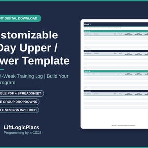 May include: A digital 4-day upper and lower body training log template with a dark blue background and white text. The document features sections for muscle groups, exercises, sets, and reps, with a printable PDF and spreadsheet format.