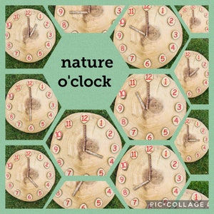 Könnte beinhalten: Neun Holzuhren mit römischen Ziffern und Zweigzeigern. Die Uhren sind in einem Wabenmuster angeordnet und der Text "nature o'clock" befindet sich in der Mitte.