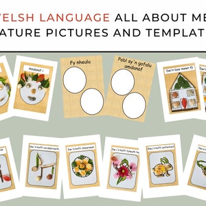 May include: A set of printable cards with nature-themed activities for learning Welsh. The cards feature images of nature objects and Welsh words like "Fy nheulu" (My family), "Amdanat i" (About me), and "Pobl sy'n gofalu amdanaf" (People who care for me).