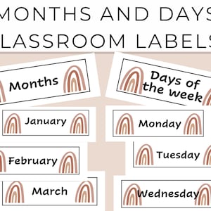 Boho rainbow months and days of the week classroom labels | rainbow classroom decor