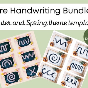 May include: Two sets of pre-writing activity templates. One set features black and white shapes on a white background. The other set features black shapes on a dark blue background with pink flowers around the edges. The text "Pre Handwriting Bundle" and "Winter and Spring theme templates" is at the top of the image. The text "Digital Download" is in the top right corner.