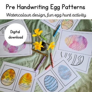Puede incluir: Patrones de huevos de Pascua imprimibles para niños. La descarga digital incluye diseños de acuarela con diferentes patrones para que los niños tracen y coloreen. El texto "Pre Handwriting Egg Patterns" y "Watercolour design, fun egg hunt activity" está en la parte superior de la imagen. El texto "Descarga digital" está en un círculo en una de las páginas.