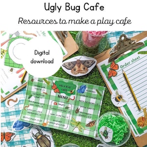 Puede incluir: Un menú imprimible para una cafetería de juegos llamada "Ugly Bug Cafe". El menú presenta artículos de comida y bebida con temática de insectos como "Spider Web Toastie", "Caterpillar Wrap", "Worm Smoothie" y "Snail Slime Tea".