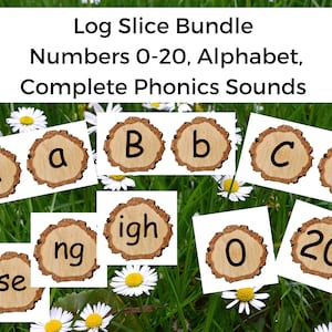 May include: A set of wooden log slice cards with letters, numbers, and phonics sounds. The cards are on a green grass background with white daisies.