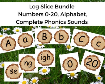 Log slice Alphabet, numbers to 20, RWI phonics sounds | natural classroom resources | classroom decor | classroom organisation