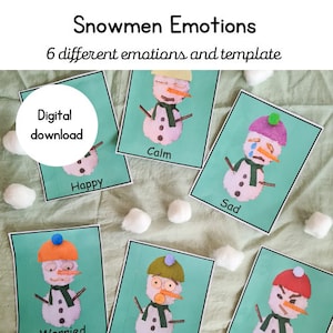 Muñecos de nieve emociones sentimientos tarjetas flash / descarga digital / salud mental de los niños / escuela forestal / bienestar / atención plena / jardín de infantes