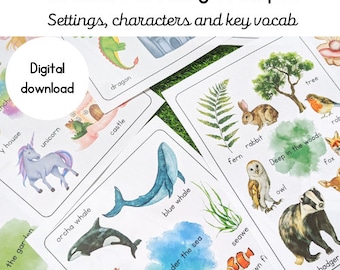 Könnte beinhalten: Ein Satz bunter Karten mit Illustrationen von Tieren und Naturszenen. Die Karten zeigen Wörter wie "Drache", "Schloss", "Farn", "Kaninchen", "Baum", "Eule", "Fuchs", "Dachs", "Blauwale", "Orca", "Seegras", "Clownfisch", "tief im Wald", "unter dem Meer", "im Garten", "Einhorn" und "Raupe". Die Karten sind dazu gedacht, Kindern beim Schreiben kreativer Geschichten zu helfen.